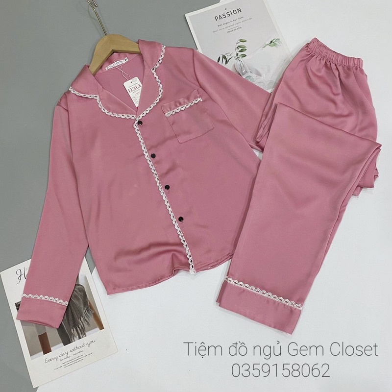 Lụa mịn loại 1 - Bộ mặc nhà pijama trơn màu viền ren áo dài tay quần dài đủ size (ảnh thật)
