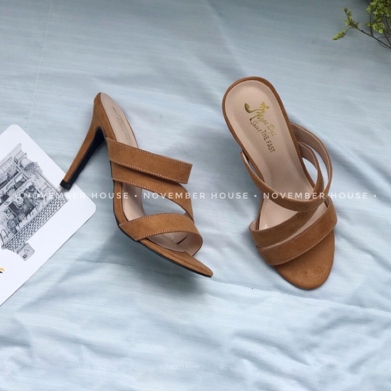 Guốc cao gót kiểu dáng gót nhọn phối dây bản to hoạ tiết trơn 2 màu, G7, Oula Store