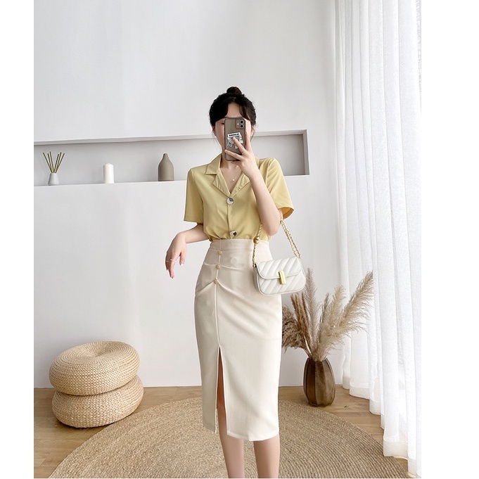 Chân váy bút chì công sở xẻ tà dáng dài cạp cao chất tuyết mưa, bút chì xẻ trước xếp li phối 3 cúc d68cm