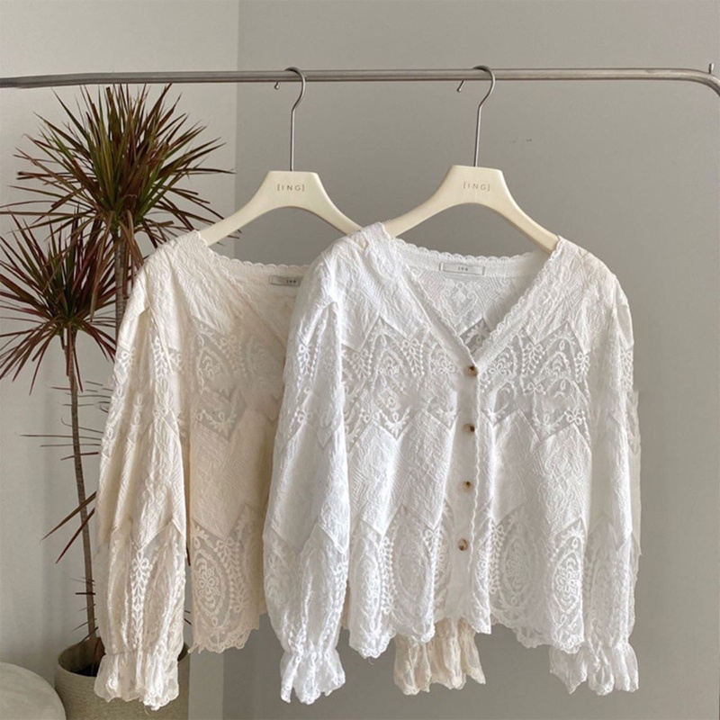 Áo Cardigan Ren Tay Dài Phồng Cổ Chữ V Phối Nút Phong Cách Pháp Thời Trang Mùa Xuân 10MK Cho Nữ