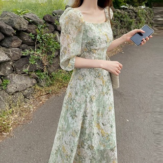 Đầm Voan Hoa Cổ Vuông Tay Phồng Cột Dây Nhấn Eo Phong Cách Retro Dành Cho Nữ 43897