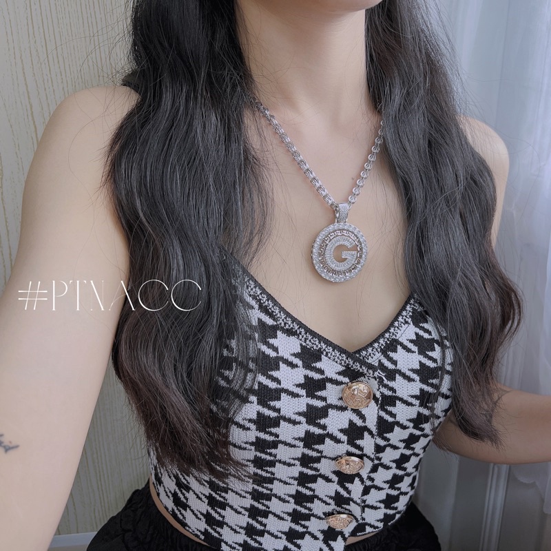Mặt dây chuyền lẻ logo thương hiệu đính đá dáng tròn to sang trọng xi 2 màu bạch kim, vàng .PTNACC.