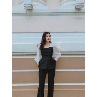 Áo peplum tay dài cổ vuông, ngực phối xếp ly, mix đồ siêu yêu