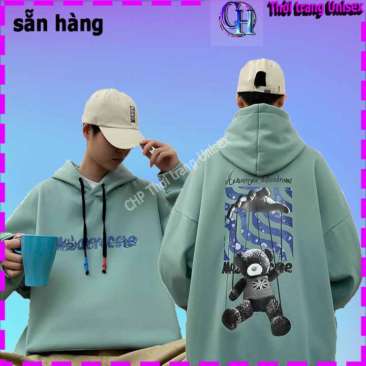 Áo hoodie nỉ ngoại ulzzang nam nữ unisex cặp đôi khoác choàng chui đầu chống nắng có nón in hoạt hình gấu bàn tay