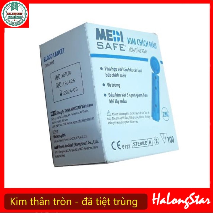 Kim chích máu thử tiểu đường Medisafe đầu xoay đã tiệt trùng, Hộp 100 kim. Dùng cho các loại máy đo đường huyết