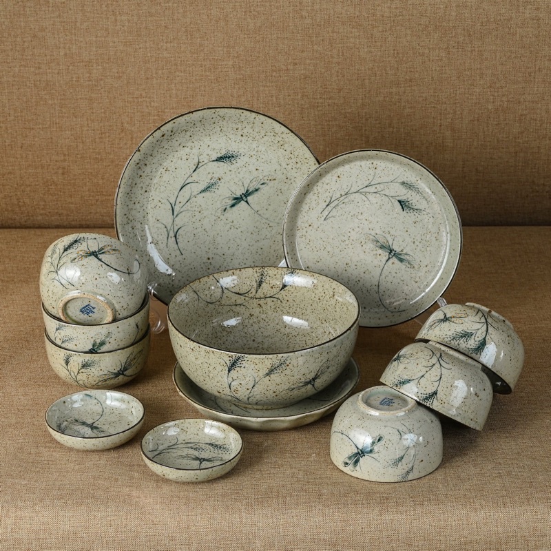 Tách Set Bát Cơm Chén Bát Đĩa Sứ Men Tiêu Hoạ Tiết Chuồn Chuồn Tô Canh Đĩa Đựng Thức Ăn Gốm Sứ Bát Tràng Cao Cấp