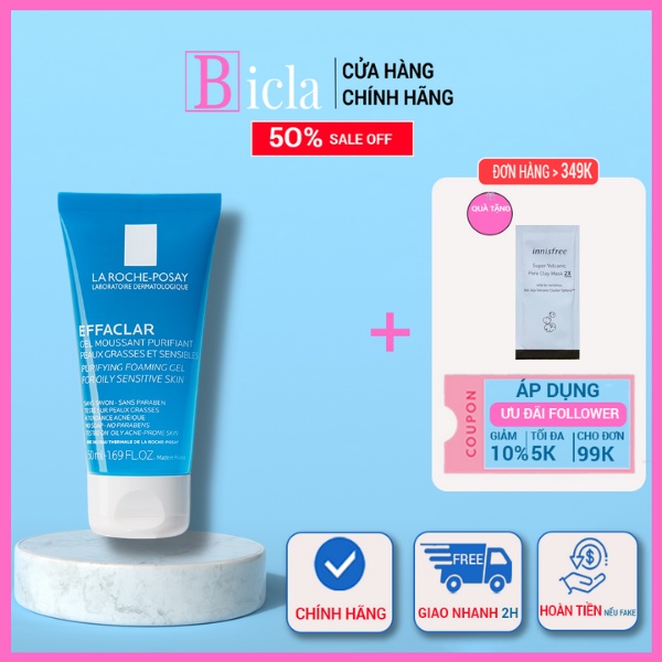 Gel rửa mặt tạo bọt làm sạch dành cho da dầu nhạy cảm La Roche-Posay Effaclar Foaming Gel 50ml