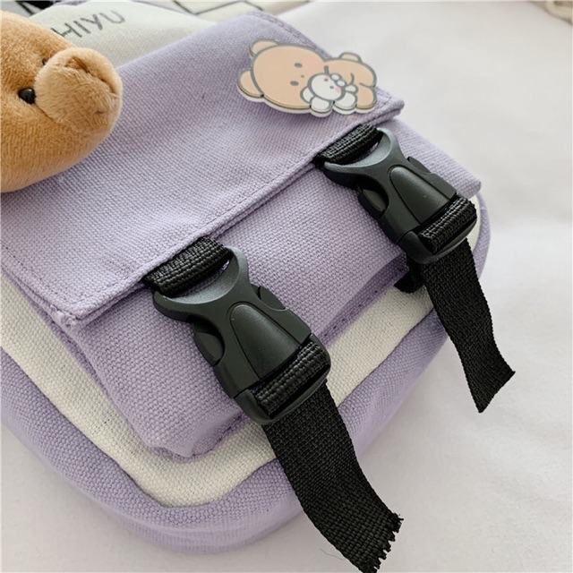 Túi đeo chéo phối màu kèm gấu bông (hình thật + có thể tháo rời)