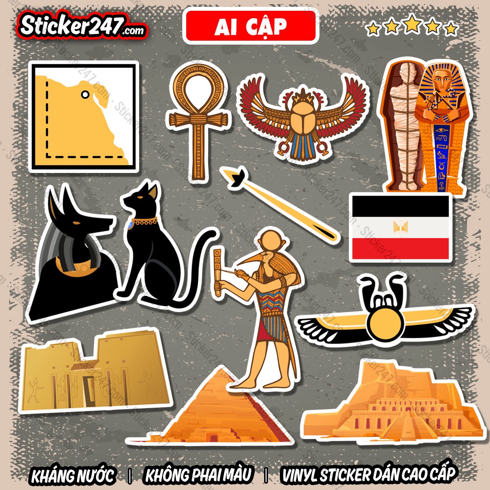 Sticker Ai Cập Cổ Đại 𝑭𝒓𝒆𝒆𝒔𝒉𝒊𝒑 Sticker Dán Mũ Bảo Hiểm, Dán Vali, Laptop, Đàn Guitar - Hình Dán Chống Thấm Nước