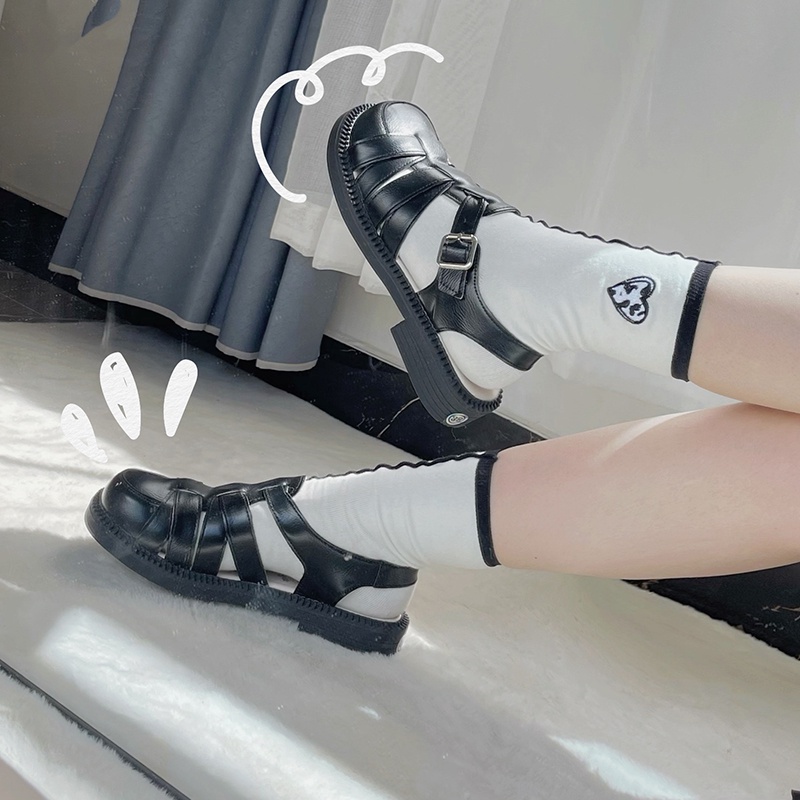 Japanese Lolita Socks In Trendy Women Mid-Tube Socks Black White Hearts Embroidery Female Sports Socks Cotton Ankle socks