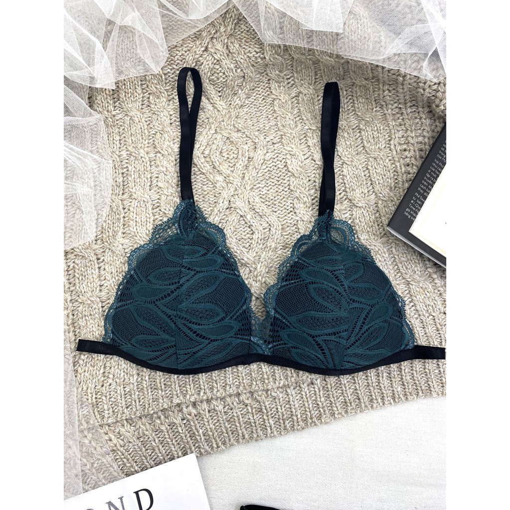 👙 Bra thiết kế sexy 👙 Đồ lót nữ bralette vải ren cao cấp màu xanh rêu có mút gồm áo + quần | BigBuy360 - bigbuy360.vn