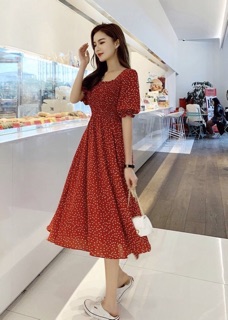 Đầm bi xanh rối cổ U (kèm hình thật)