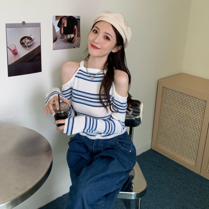 Áo kiểu IELGY tay dài thiết kế hở vai họa tiết kẻ sọc thời trang đơn giản dành cho nữ