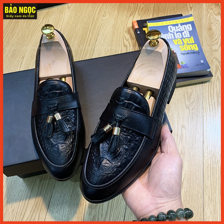 Giày Lười Nam - Giày Da Nam Công Sở Dập Vân Cá Sấu - Da Bò Nguyên Tấm Băng Chuông - Màu Đen - Mã K666