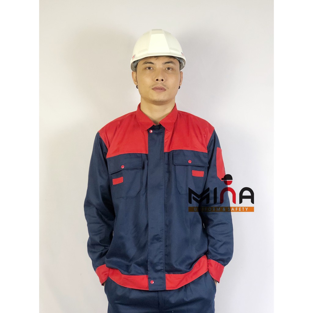 Quần áo bảo hộ lao động - Bộ tím than phối đỏ kéo khóa - Vải Kaki V31 - Áo bảo hộ kéo khóa - Quần bảo hộ túi hộp
