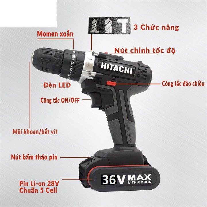 Máy Khoan Pin HITACHI 36V - 2 Pin. Có Búa. Lõi Đồng. Pin 5cell