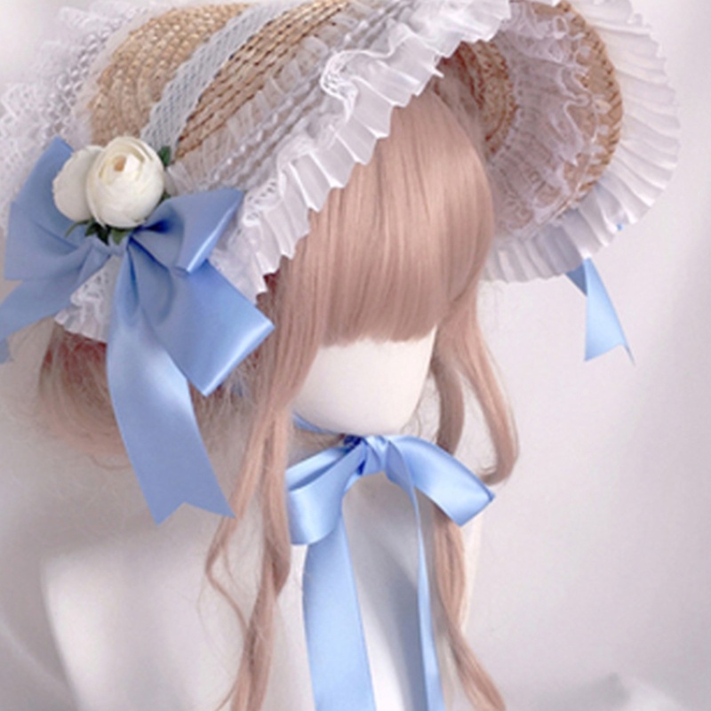 Nón cói chống nắng phối hoa nhún bèo ren và ruy băng nơ có dây đeo cằm phong cách Victoria vintage cho nữ