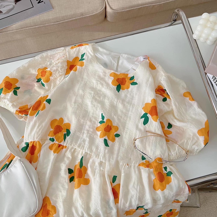 Váy Đầm nữ hoa cam babydoll đi du lịch xuân biển cổ tròn body dáng dài tay ngắn thiết kế vintage