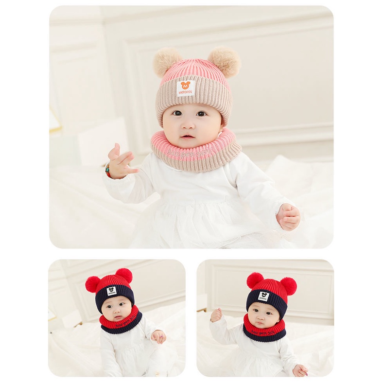Mũ len kèm khăn quấn cổ đính bóng MICKY lông dễ thương cho bé