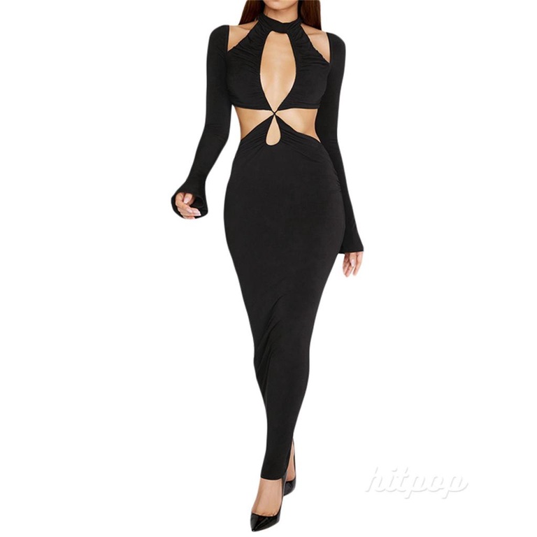 Hitpop-Women Cut Out Dress, Long Sleeve Halter Neck Solid Color Hollow Pleated Slim Fit One Piece Skirt
