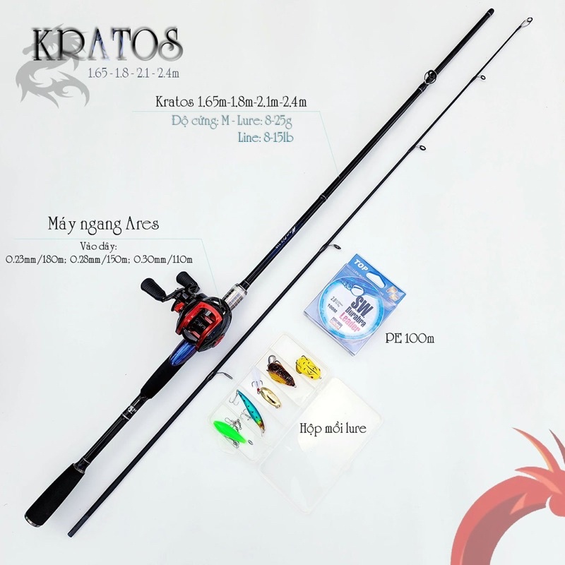 Bộ Cần Câu Lure Máy Ngang Kratos- máy ngang tặng kèm dây câu lure và bộ mồi câu