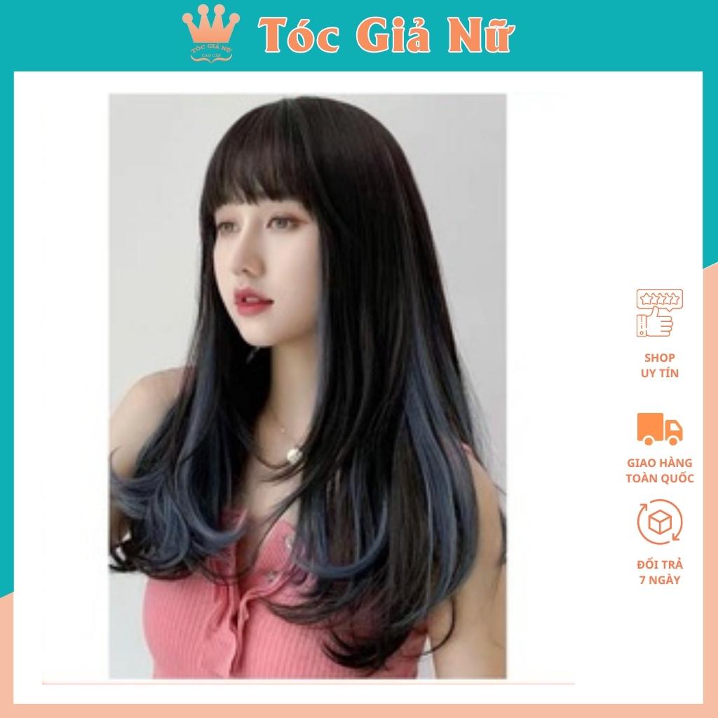Tóc giả nữ nguyên đầu xoăn lửng phối line xanh coban tặng kèm lưới trùm tóc wig