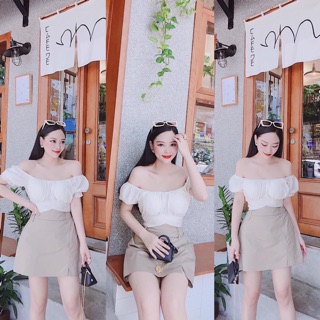 Set áo cổ vuông buộc nơ lưng mix châm váy kaki cực xinh
