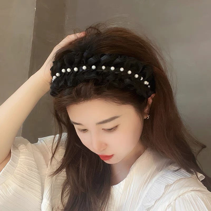 Bờm tóc nữ, bờm tóc ren nhún tiểu thư phối hạt trai phụ kiện tóc cho phái nữ Y170