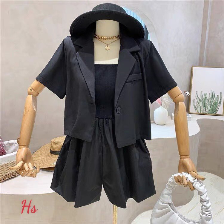 Set Jumpsuit Đùi Kèm Áo Khoác Chất Áo Thô Thái Áo Quây Bozip Dãn Ellie Store_Mã 305