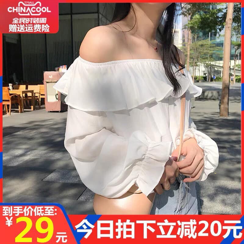 Áo trễ vai , Áo sơ mi trắng trễ vai, Áo chiffon tay dài trễ vai màu trơn dễ phối đồ thời trang xinh xắn cho nữ