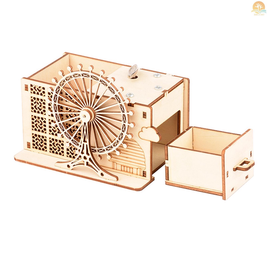 Hộp Nhạc Gỗ Hình Vòng Đu Quay 3D DIY Có Ngăn Đựng Bút Dành Cho Trẻ Em