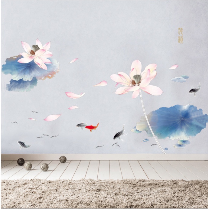 Decal dán tường trang trí - CÁ SEN HỒNG ĐÀI XANH TAO NHÃ