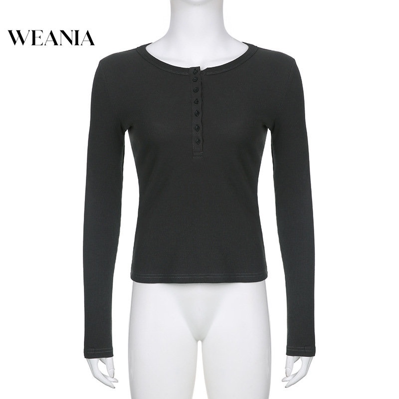 Áo Thun Tay Dài Phối Nút Thiết Kế Màu Trơn Thanh Lịch