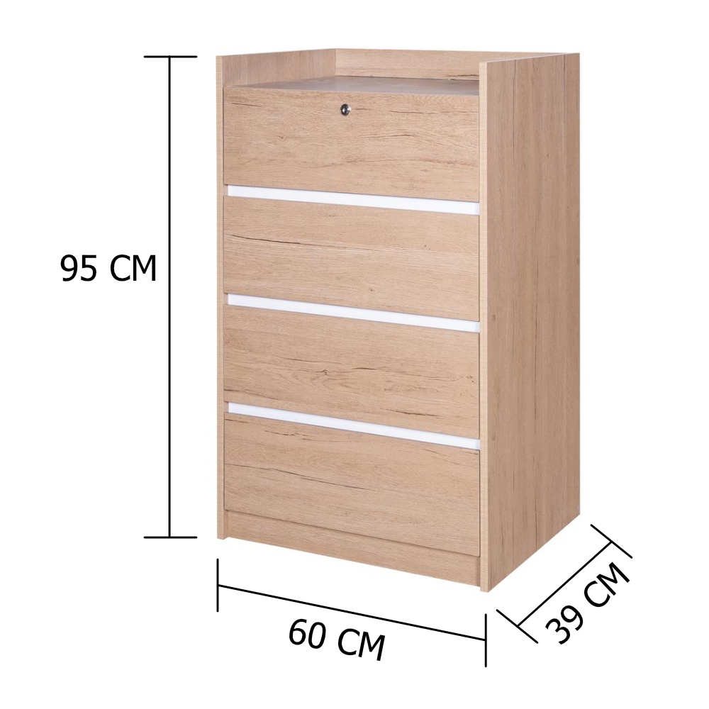HomeBase FURDINI Tủ gỗ 4 ngăn kéo bằng gỗ ép FORCE Thái Lan W60xH95xD39cm màu gỗ sồi/trắng