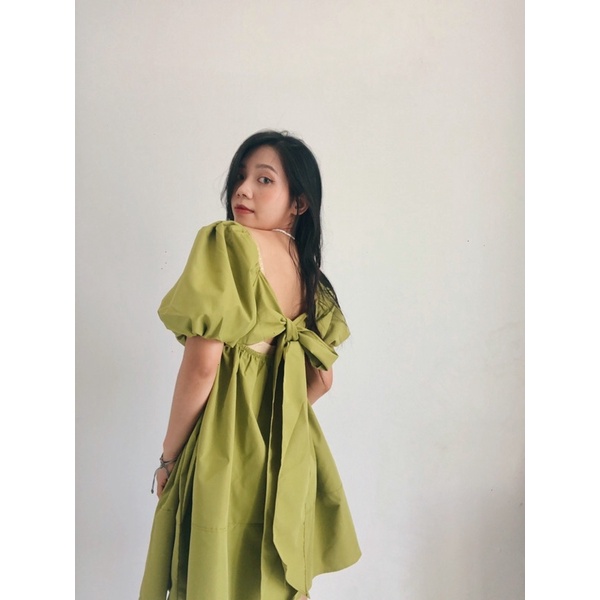 Váy hè xinh, Váy hè thô nơ sau tay phồng xanh cốm cổ vuông xinh,Đầm hè xanh cốm babydoll tiểu thư | BigBuy360 - bigbuy360.vn