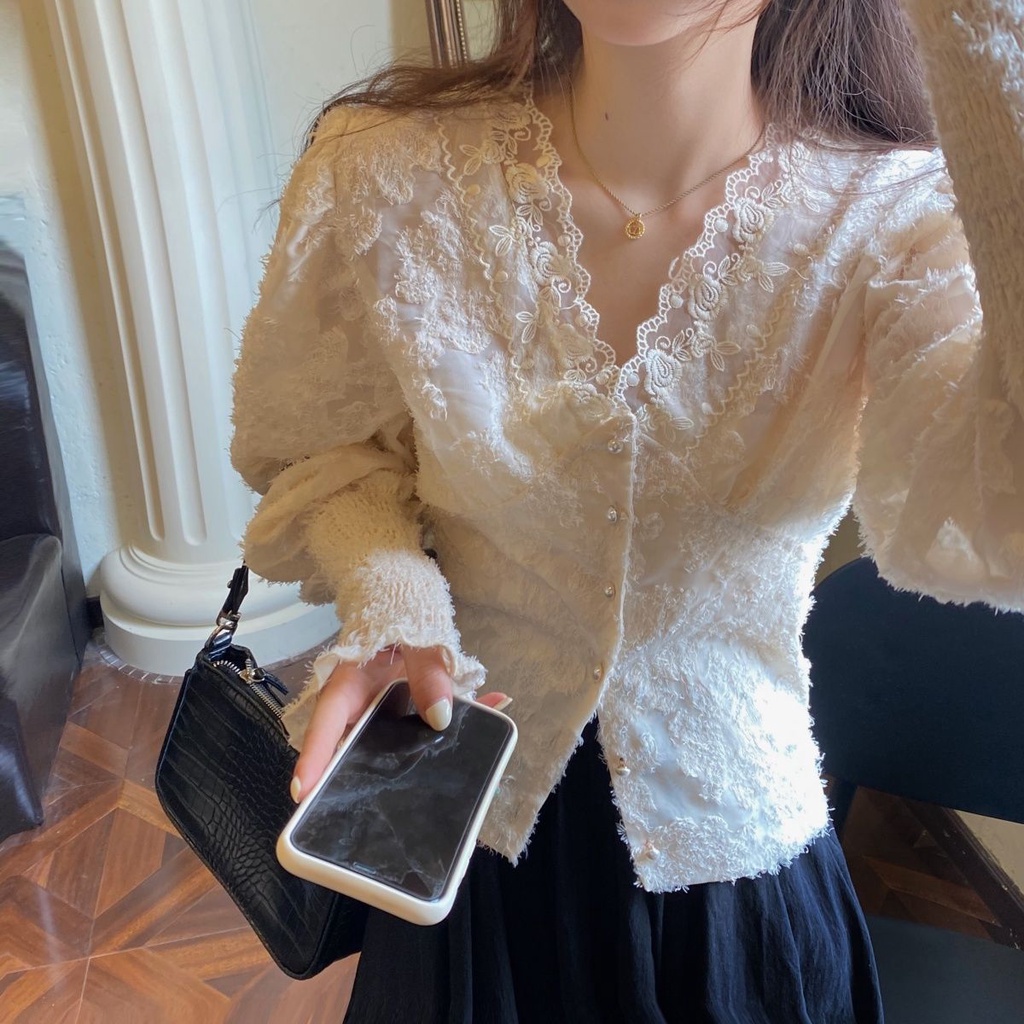 Áo kiểu tay dài cổ chữ V ôm dáng vải ren phong cách Phương Tây dễ phối đồ thời trang dành cho nữ