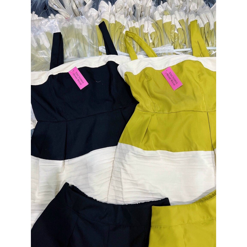 Set bộ đùi pelum áo 2 dây phối màu trằng, set tiểu thư dáng xòe mix quần short phồng đi chơi sang chảnh