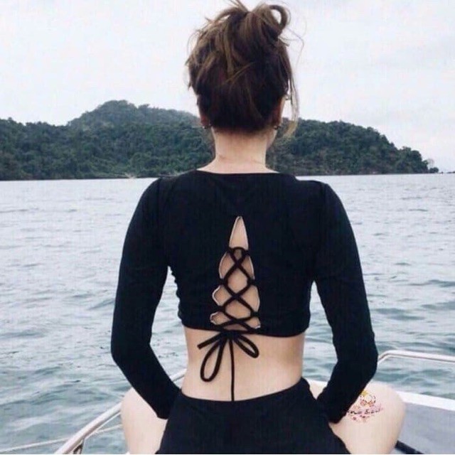 Bikini đi biển 2 mảnh kín đáo - Đồ bơi nữ tay dài váy xòe - Áo bơi croptop đen trơn mẫu mới 2022 (45-60kg)