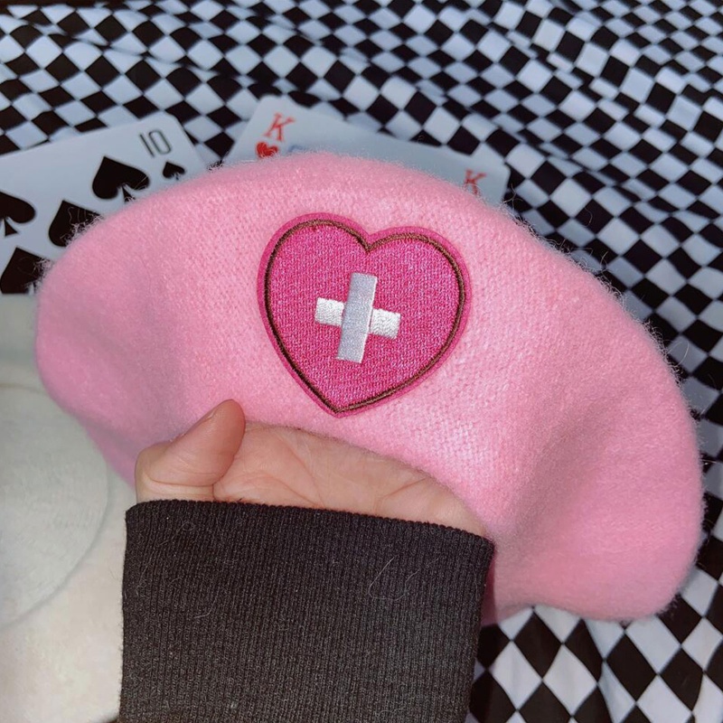 Mũ Beret Y2K Thêu Hình Trái Tim Cho Nữ