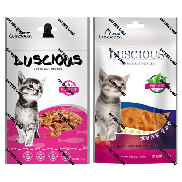 BÁNH THƯỞNG CHO MÈO LUSCIOUS 35G, GÀ, CÁ SẤY KHÔ, CÓ CATNIP (CỎ BẠC HÀ) TIÊU BÚI LÔNG, HỖ TRỢ TIÊU HOÁ (SNACK THƯỞNG)