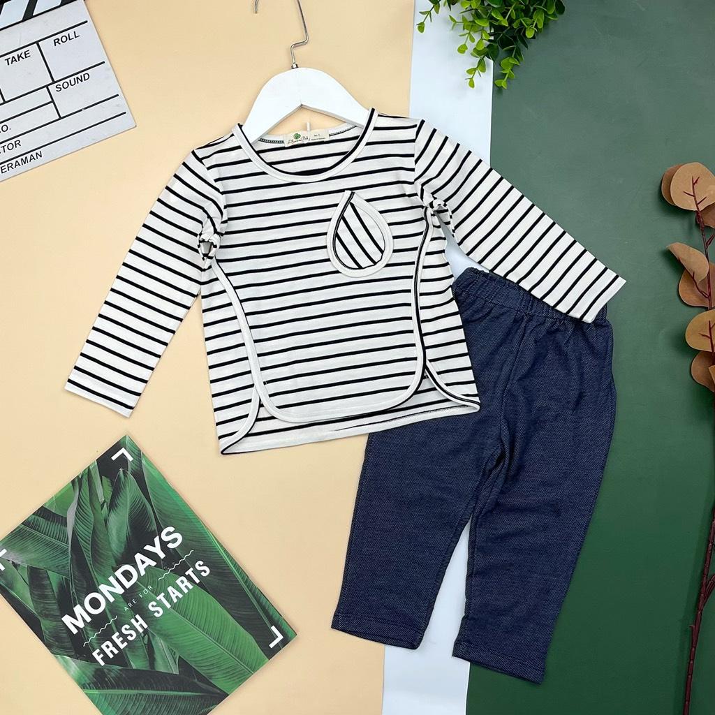 Bộ thu đông bé gái LITIBABY, áo kẻ quần giả jean, size 1/5T