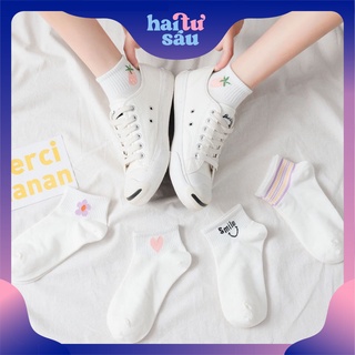 Bộ 5 đôi tất vớ nữ cổ ngắn trắng trơn cầu vồng Freesize