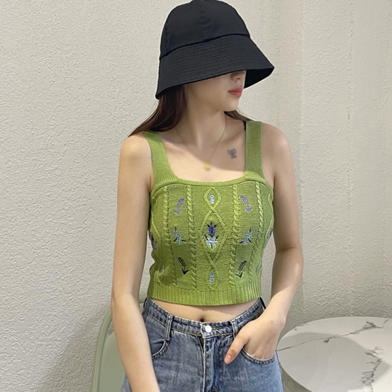 Women Knitted Tank Tops Floral Embroidery Camisole Summer Suspender Crop Top