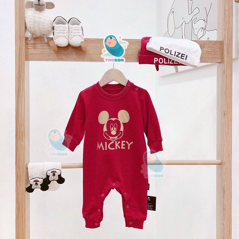 Quần Áo Trẻ Em Sơ Sinh Body Mickey Dài Tay Kèm Mũ Cho Bé Trai Bé Gái Chất Cotton [BDD19]