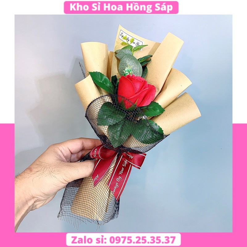 Hoa Sáp 001 Bó 1 Bông Hoa Hồng Sáp 3 Lớp Màu Đỏ Giấy Nâu