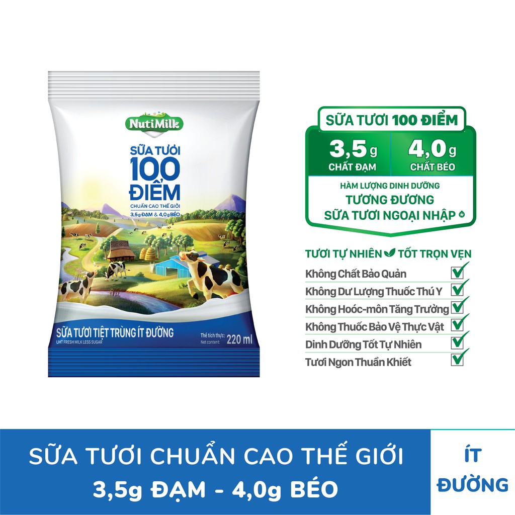 Thùng 48 bịch NutiMilk Sữa tươi 100 điểm ít đường 220ml/bịch