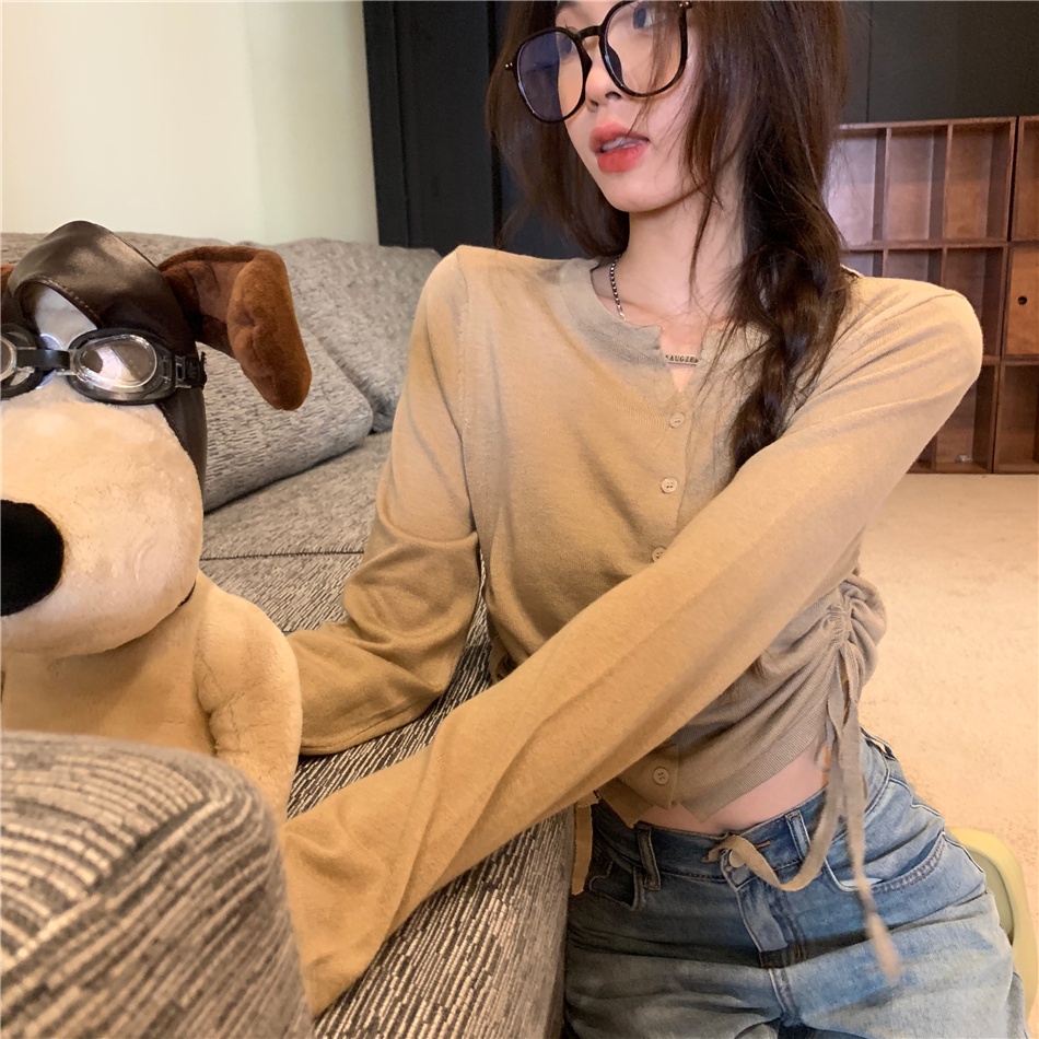 Áo croptop ZHELIHANGFEI dệt kim tay dài phối dây rút phong cách trẻ trung quyến rũ cho nữ