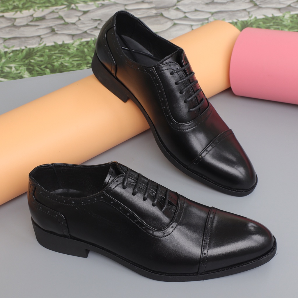 Giày tây da bò cao cấp, giày nam buộc dây da bò đẹp màu đen - HT.NeO3336