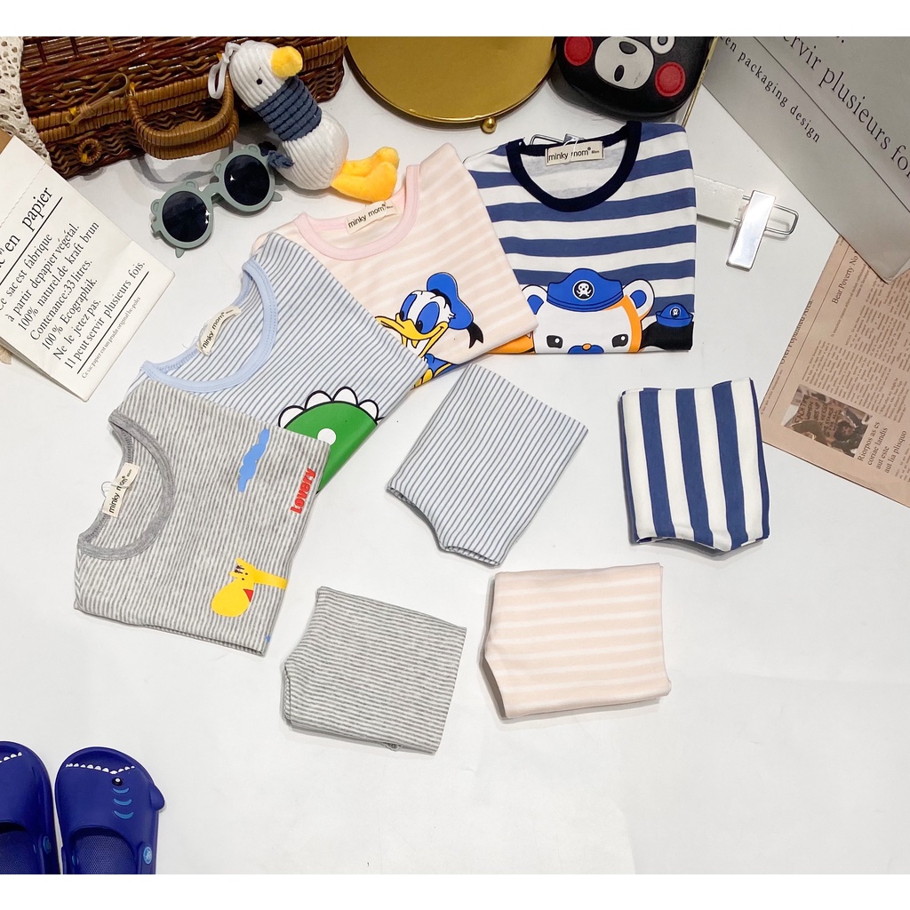 Bộ Tay Ngắn Quần Dài MINKY MOM COTTON HÀN Vải Sọc In Hình Ngộ Nghĩnh Cho Bé TN-IN114