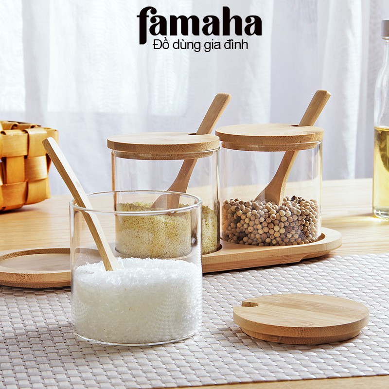 Bộ 3 Lọ đựng gia vị thủy tinh kèm đế gỗ cao cấp, hũ đựng gia vị kèm thìa tiện lợi FAMAHA